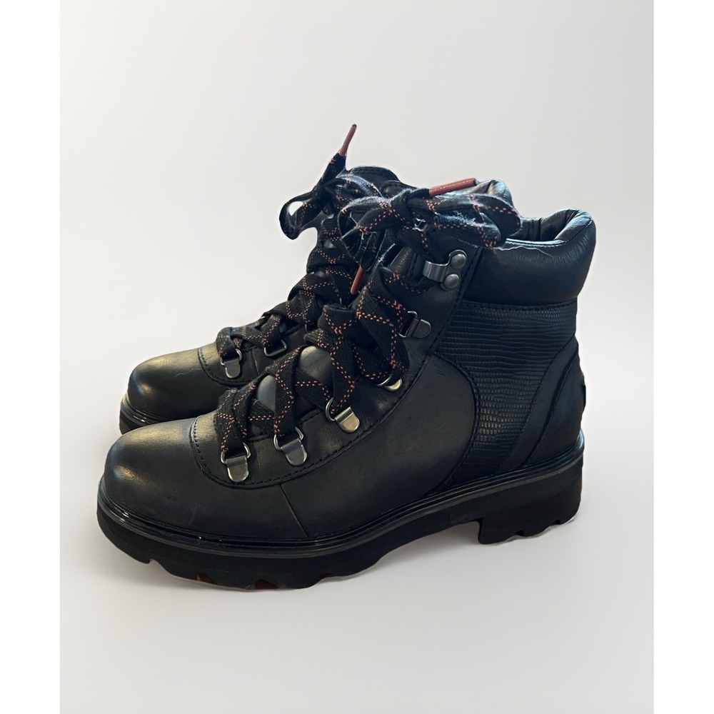 Sorel Women's Lennox Hiker STKD Black‎ Leather Lug Boots Size 6.5 Edgy Moto
